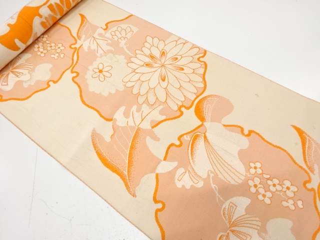 JAPANESE KIMONO / ANTIQUE BOLT FOR HASSUN OBI / WOVEN KIKU & IVY LEAVES